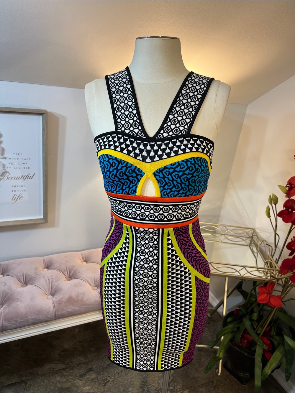 BCBGMAXAZRIA Y2K Bandage Bodycon Dress Geometric Graphic Colorblock Size XS
